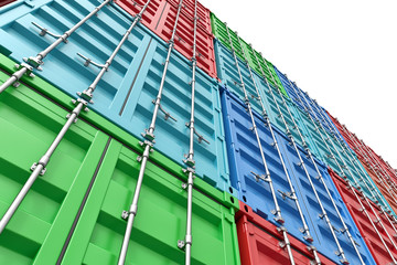 Poster - 3d rendering of many closed blue, orange, green and red cargo containers stacked on one another on white background.