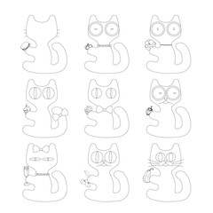  Cute cat with food doodle series, avatars, sketch line style icons. Flat animals, logo, cats set. Pets character cats handmade to print cat T-shirts. Vector illustration cats