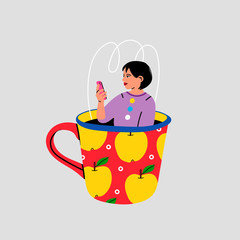 Wall Mural - Cute girl sitting in the colorful giant Cup and holding a smartphone. Funny character. Hand drawn colored trendy Vector illustration. Isolated on grey background