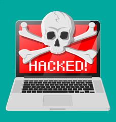 Poster - Death skull and crossbones on laptop screen. Internet phishing, hacked login and password. Computer network and internet security concept. Antivirus, spyware, malware. Vector illustration flat style