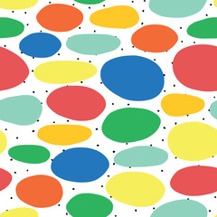 Sticker - Repeating abstract kids background with organic dot shapes blue, red, yellow, green, orange. Seamless vector pattern. Papercut Collage on black and white polka dots. For fabric, wrapping, kids decor