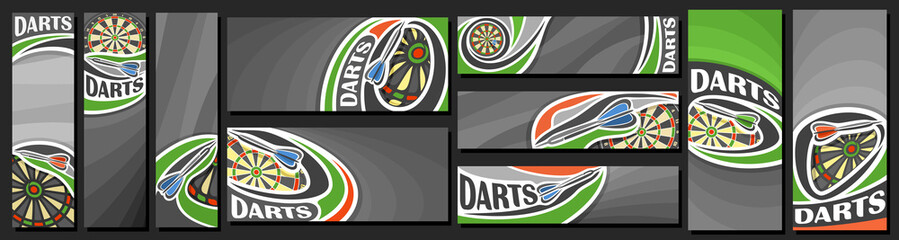 Vector set of Darts Banners, vertical and horizontal decorative art templates for darts events with illustration of dartboard and flying on curve trajectory darts arrow on gray abstract background.