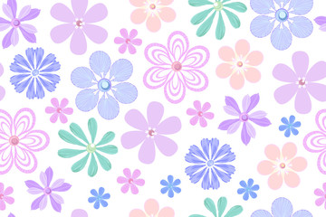 Wall Mural - Decorative flowers in pastel colors isolated on a white background. Vector seamless floral pattern for design of fabric, wallpaper, wrapping paper.