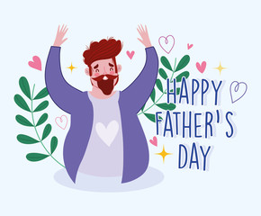 Poster - happy fathers day, dad with beard cartoon flowers decoration card