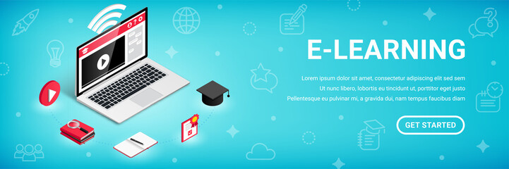 Wall Mural - E-learning narrow banner, education process isometric concept. 3d symbol of video lesson, research of material, practice, exam. Learn design, online training courses and school vector illustration