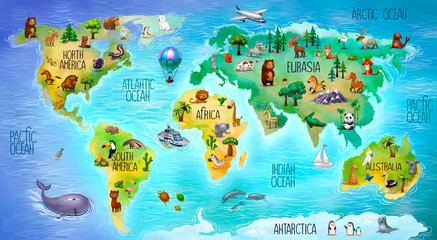 Fototapeta children's world map with mainland fauna