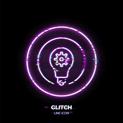 Lightbulb with gear line art vector icon. Outline symbol of innovation idea. Creative solution pictogram made of thin stroke. Glitched 80s cyber punk style.