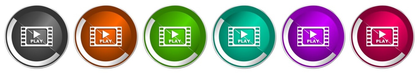 Aufkleber - Video icon set, silver metallic chrome border vector web buttons in 6 colors options for webdesign