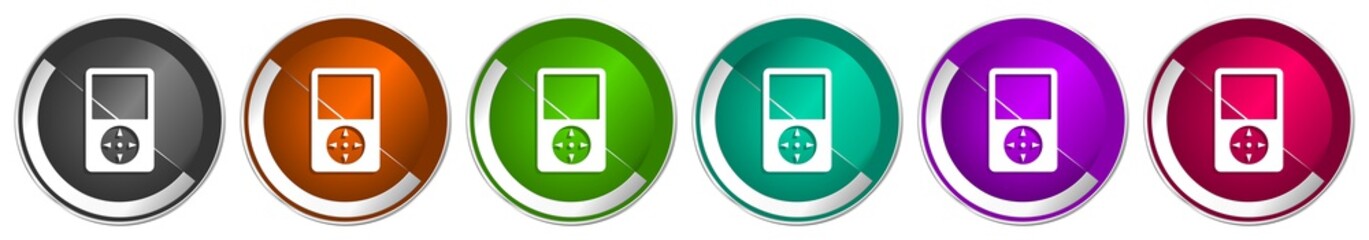 Leinwandbilder - Music player icon set, silver metallic chrome border vector web buttons in 6 colors options for webdesign