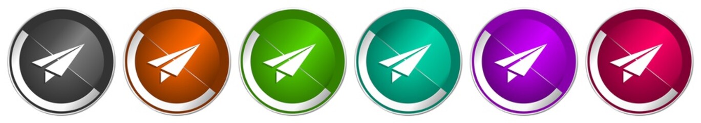 Aufkleber - Paper plane icon set, fly, flight, airplane silver metallic chrome border vector web buttons in 6 colors options for webdesign