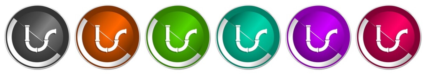 Poster - Pipeline icon set, tube, pipe and industrial silver metallic chrome border vector web buttons in 6 colors options for webdesign