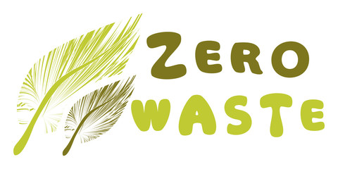 Zero waste. Hand drawn text zero waste with two green leaves. Zero-Waste sign or emblem vector design. Illustration isolated on white background. Vector