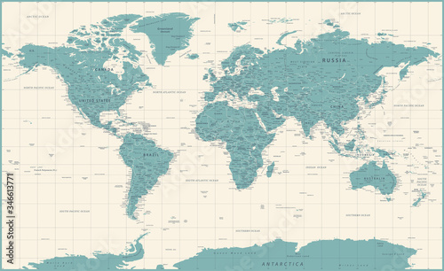 Photographie World Map Vintage Political - Vector Detailed Illustration - Layers