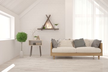 White living room with sofa. Scandinavian interior design. 3D illustration