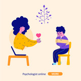 Fototapeta Dinusie - Psychological help online, child support, bullying, cartoon flat vector illustration.