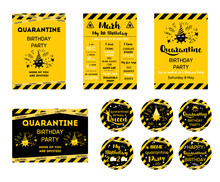 Quarantine Birthday Set Home Party Invitation Yellow Black Birthday Cards Upcake Toppers Birth Online Party Banner