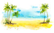 Summer beach with palm trees, watercolor background