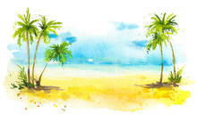 Summer Beach With Palm Trees, Watercolor Background