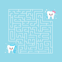 Wall Mural - Cute tooth emoji and maze game vector flat illustration.