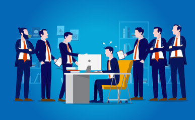 Poster - Working hard - Overworked man at desk in office with nagging people feeling pressure. Workplace stress, exhausted, bothered and work overload business concept. Vector illustration.