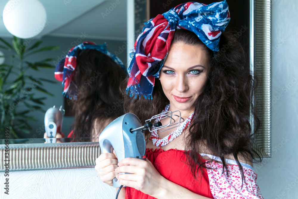 Mirror Tangles Housewife problems concept. Shocked woman standing in front of the ...