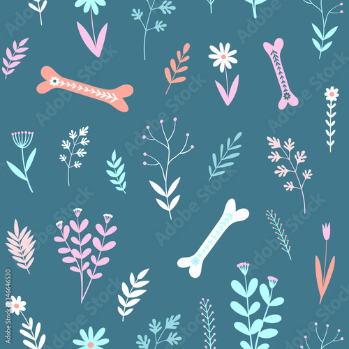 Seamless Vector Pattern With Cute Bones For Dogs And Flowers Blue Floral Background Stock Vector Adobe Stock
