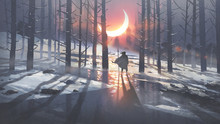 Man In Winter Forest Looking At The Glowing Moon Crest, Digital Art Style, Illustration Painting