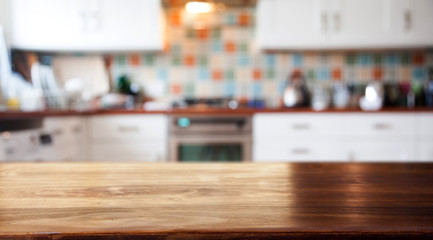 Poster - blurred kitchen interior  and desk space home background