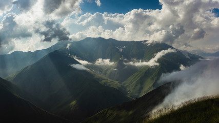 Wonderful view from Khidotani ridge in Khevsureti national park in georgian Caucasus. Omalo Shatili trek.