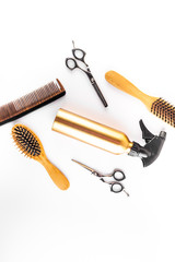 Poster - Hairdresser set in beauty salon. Combs, scissors, spray on white desk top-down