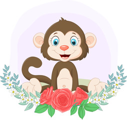 Sticker - Cartoon cute monkey sitting with flowers background