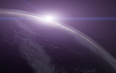 Wall Mural - sunrise over the planet earth of solar system with lens flare. science fiction 3d render illustratio