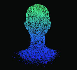 Poster - Human head made of partices on dark background. Face made with generative computer art algorithm. Concept of artificial intelligence, identification and recognition systems.