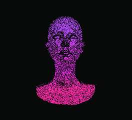 Poster - Human head made of partices on dark background. Face made with generative computer art algorithm. Concept of artificial intelligence, Machine learning and neural networks.