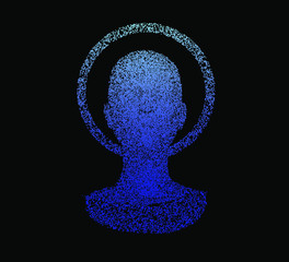 Poster - Human female head with halo or aureola made of particles, starry sky on the background. Concept of Church of Artificial Intelligence, Futuristic  religion and transhumanism.
