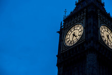 Low Angle View Of Big Ben Against Clear Blue Sky At Dusk