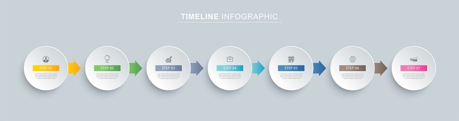 Wall Mural - 7 circle step infographic with abstract timeline template. Presentation step business modern background.