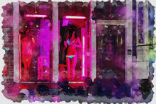 Aquarel Of Amsterdam Red Light District With Sex Worker In The Red Lit Window Facing Passer By, Netherlands
