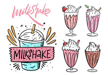 Milkshake Set. Cartoon Flat Vector Illustration. Isolated On White Background.