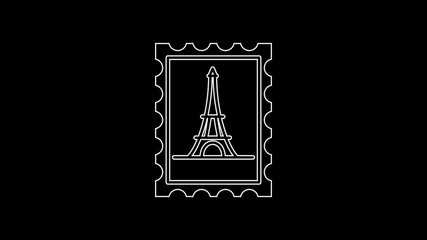 Sticker - White line Postal stamp and Eiffel tower icon isolated on black background. 4K Video motion graphic animation