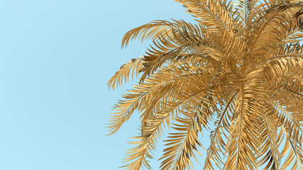 Canvas Print - 3d render illustration of pink palm leaves and blue sky. Modern trendy design. Gold and blue colors.