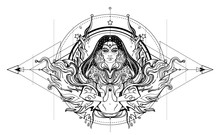 Asian Magic Woman With Sacred Geometry And Fire. Vector Illustration. Mysterious Thai Girl Over Mystic Symbols And Flames. Alchemy, Religion, Spirituality, Occultism, Tattoo Art, Asian Culture.