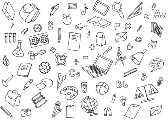 monochrome school children background. vector image of the many icons on the topic of education. sci