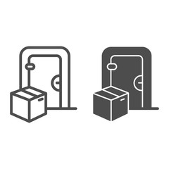 Poster - Door and cardboard package line and solid icon, Logistics delivery symbol, parcel box delivery to the door vector sign on white background, contactless delivery icon in outline style. Vector graphics.