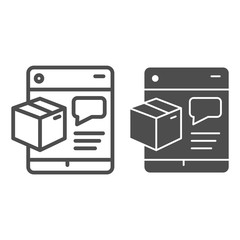 Poster - Tablet with chat message and cardboard package line and solid icon, online shopping symbol, smart phone or tab with box on screen vector sign on white background, Online client feedback icon. Vector.