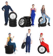 Poster - Collage with photos of young mechanics and tires on white background. Auto store