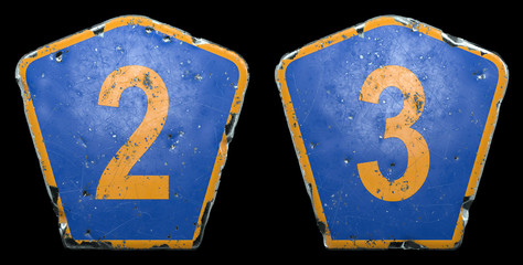 Set of public road signs in blue and orange color with a numbers 2 and 3 in the center isolated black background. 3d