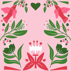 Floral Folk art  square pattern in modern style, Scandi vector illustration