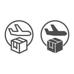 Poster - Airmail and cardboard package line and solid icon, delivery and logistic symbol, air freight carrier with parcel vector sign on white background, delivery cargo plane with box icon outline. Vector.