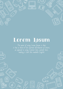 Electronic devices - vertical card with text and vector outline illustrations of technique and computer for graphic design